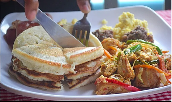 Pancake Hub pancakes with eggs, meats and vegetables